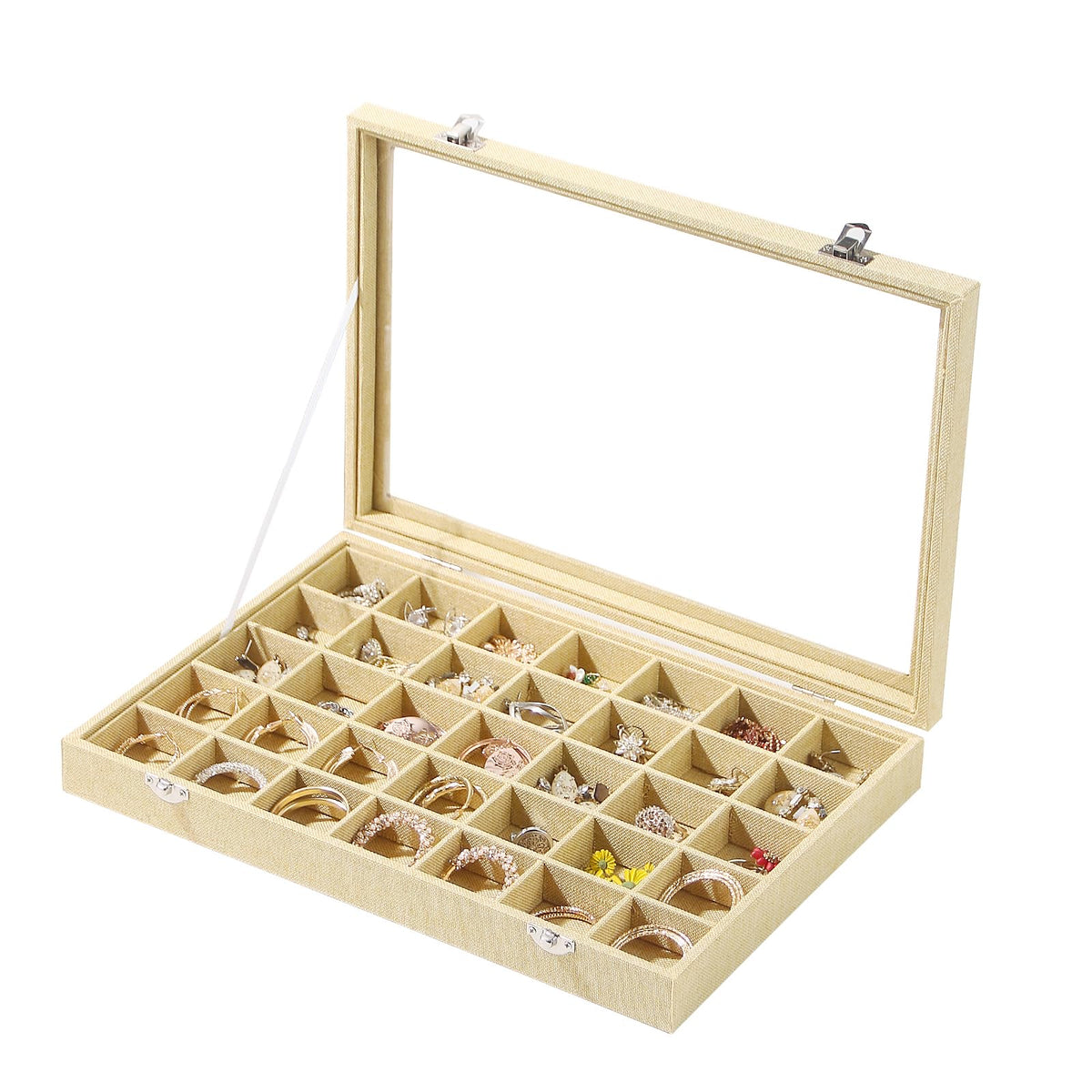 Coward Sunglass Organizer Tray Box, Beige Velvet Grids Eyeglasses Display Tray Case with Transparent Glass Lid for Home Use or Store Shop Selling Show