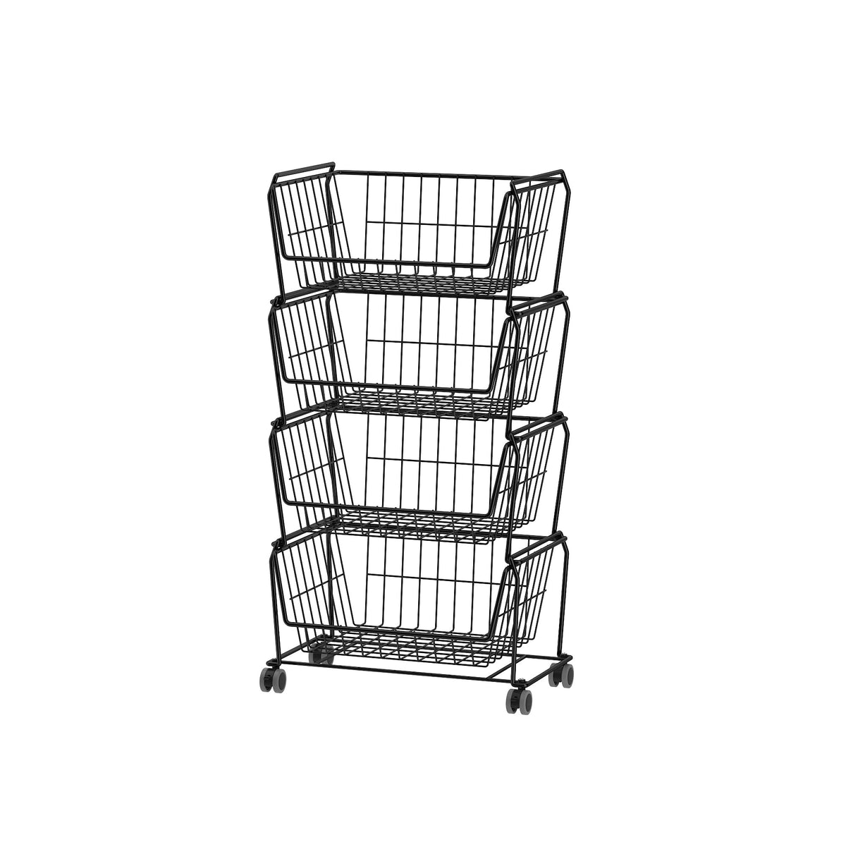 PUSDON 4-Tier Spacious Stackable Wire Storage Baskets with Wheels, Metal Rolling Utility Cart, Produce Basket for Pantry, Bathroom Organizer Shelf, Matte Black
