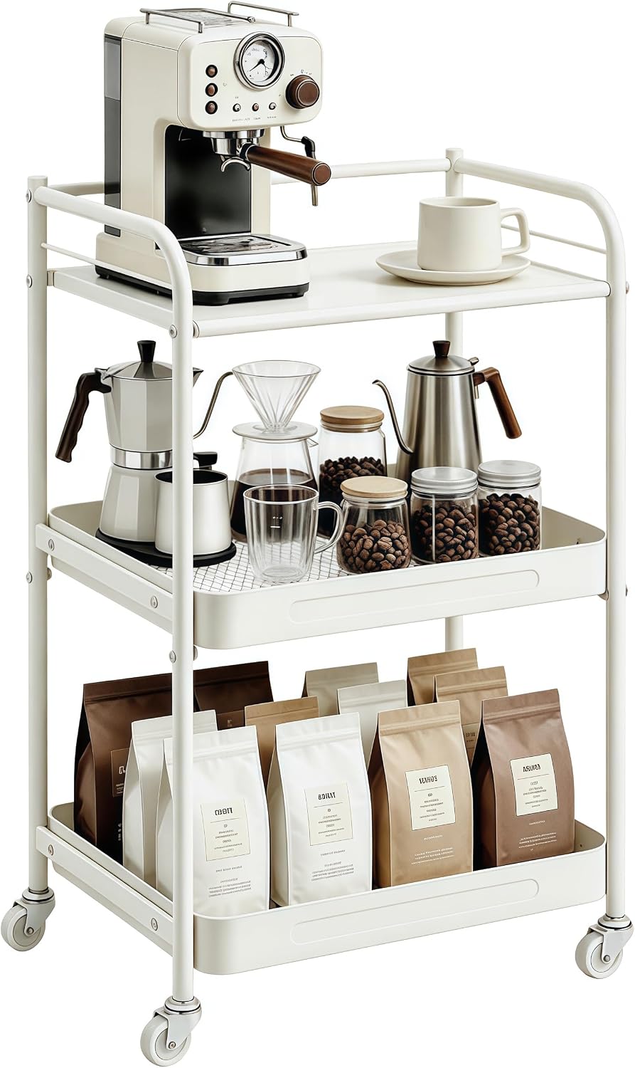 3 Tier Rolling Cart with Table Top, Metal Kitchen Storage Cart