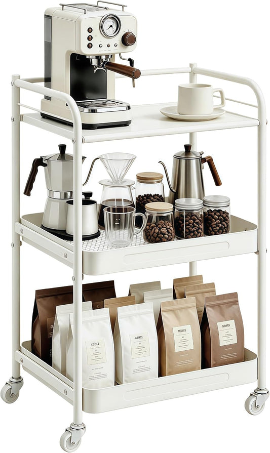 3 Tier Rolling Cart with Table Top, Metal Kitchen Storage Cart