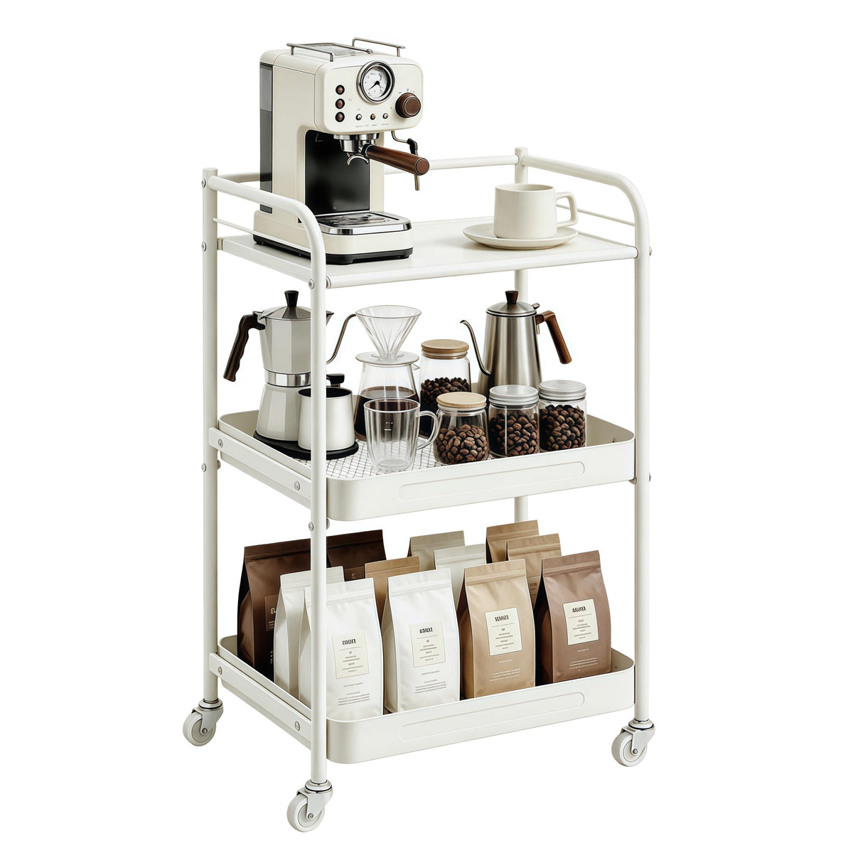 3 Tier Rolling Cart with Table Top, Metal Kitchen Storage Cart