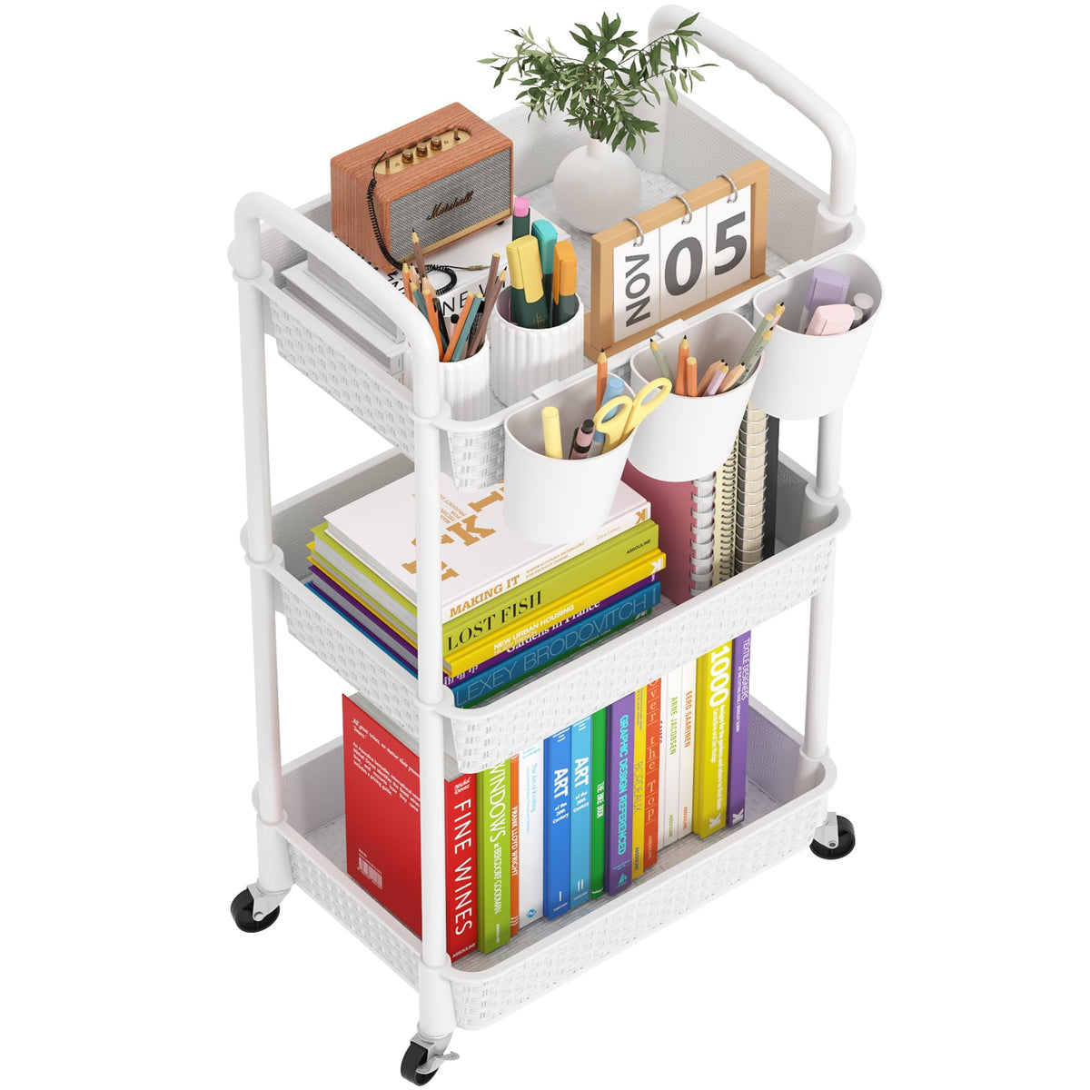 MOYIPIN 3-Tier Plastic Rolling Utility Cart with Handle,Utility Storage Cart for Office, Living Room, Kitchen,Movable Storage Organizer Shelves,White
