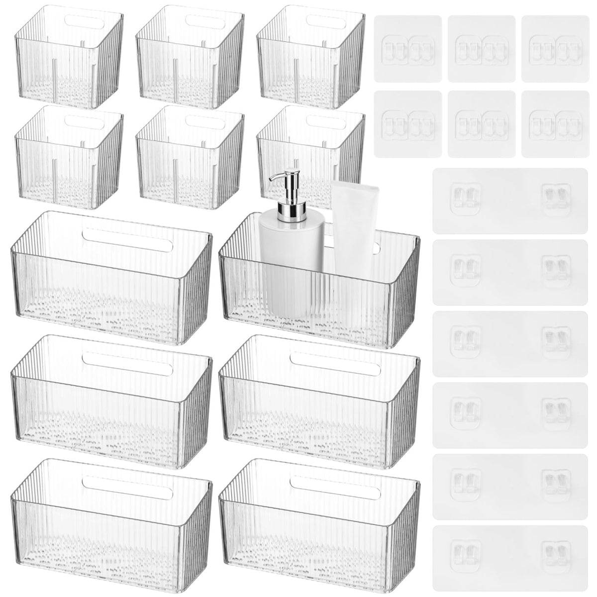 8 Pack Clear Wall Mounted Storage Bins, Acrylic Cabinet Door Organizer Baskets, Bathroom Wall Storage Organizer with Drain Hole, Adhesive Hanging Bins for Fridge Kitchen, BPA Free
