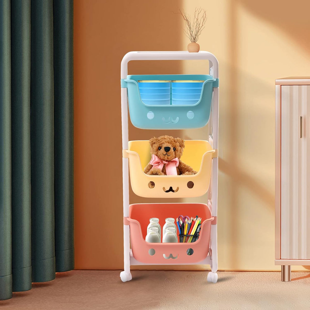 3 Tier Kids' Toys Storage Organizer Bins Baskets, Utility Rolling Fabric Storage Rack Trolley Toy Cart Trolley with Large Storage Boxes, Large Capacity Rolling Carts for Crib, Bedroom, Bathroom