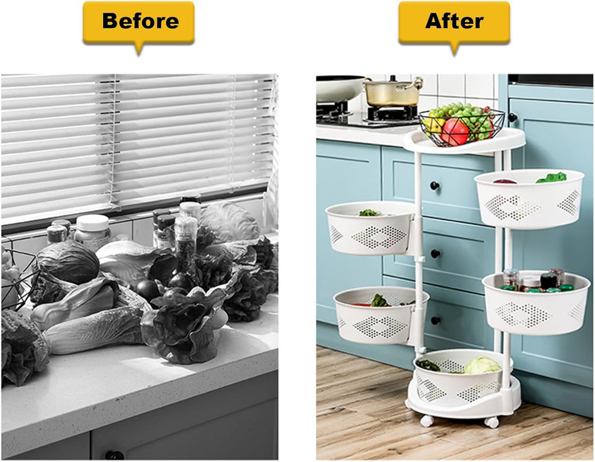 4-Tier Adjustable Kitchen Storage Rack,4 Layer Rotating Vegetable Organizer with Lockable Casters,Multi-Layers Rotatable Baskets for Kitchen Bathroom Living Room,White