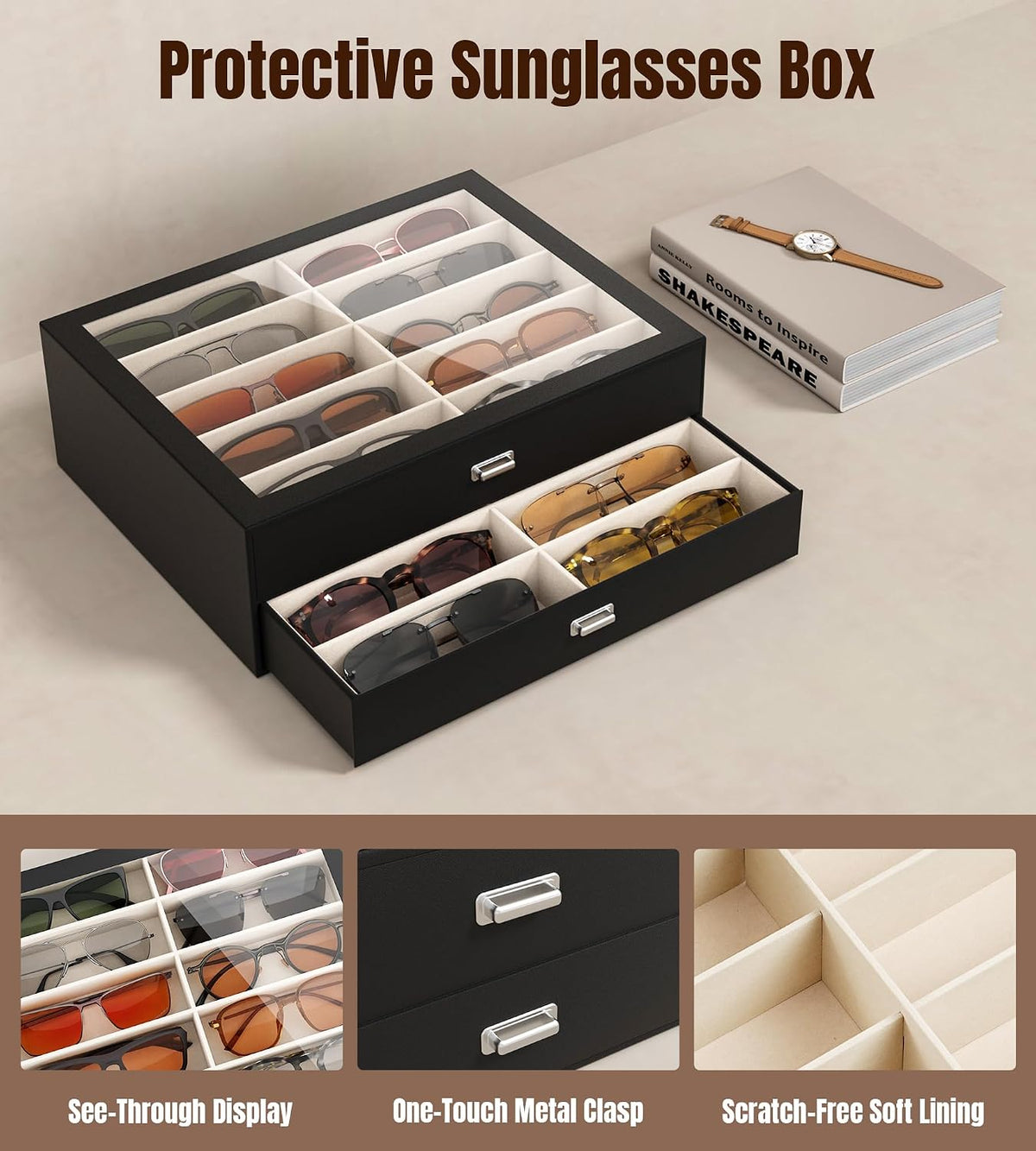 NEWLOOP 20 Slots Sunglass Organizer Drawer Display Case for Multiple Pairs of Eyeglass Storage Box for Women Men