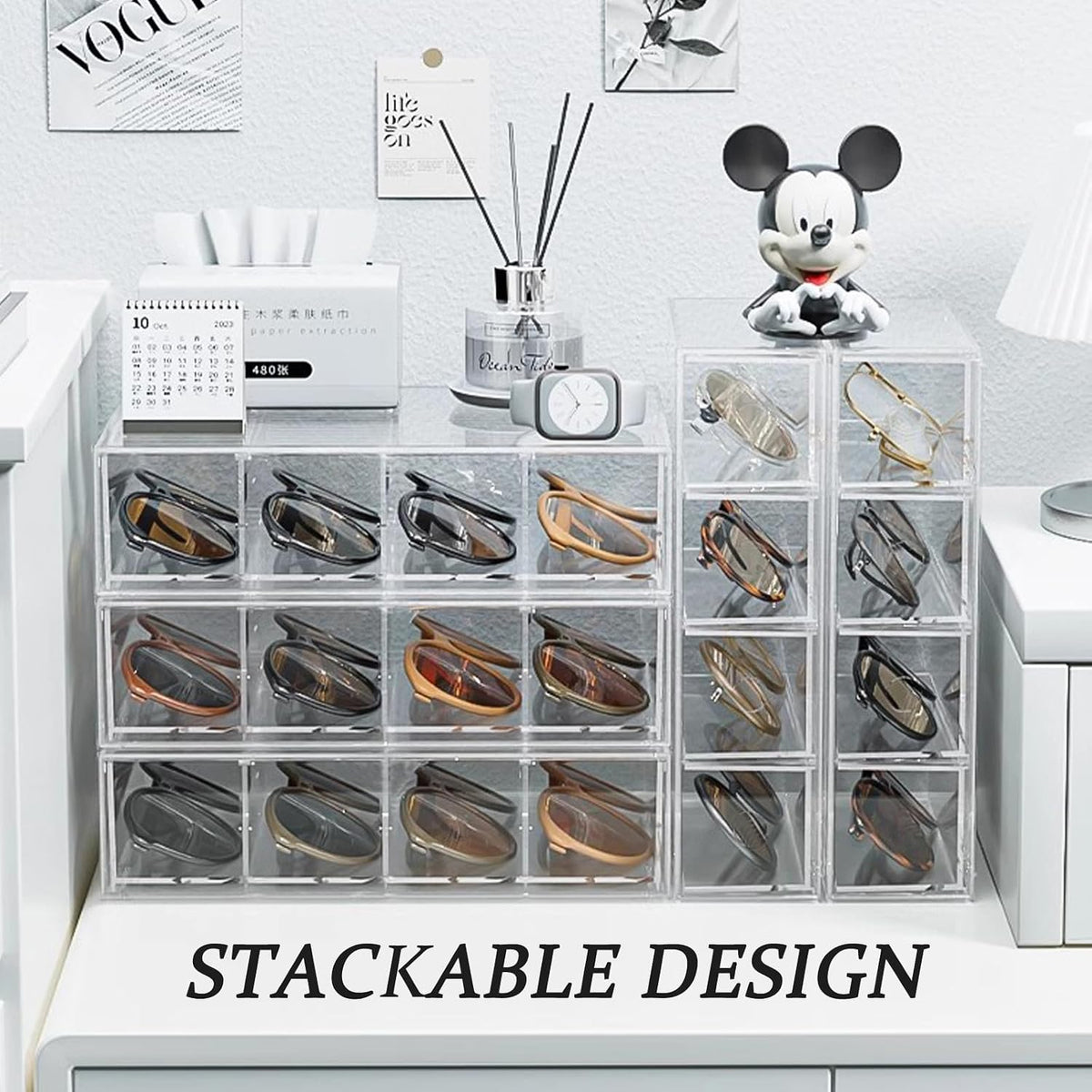 Kenpal Sunglasses Organizer for Multiple Pairs, Acrylic Stackable Glasses Holder with 4 Drawers, Transparent Eyeglass Case