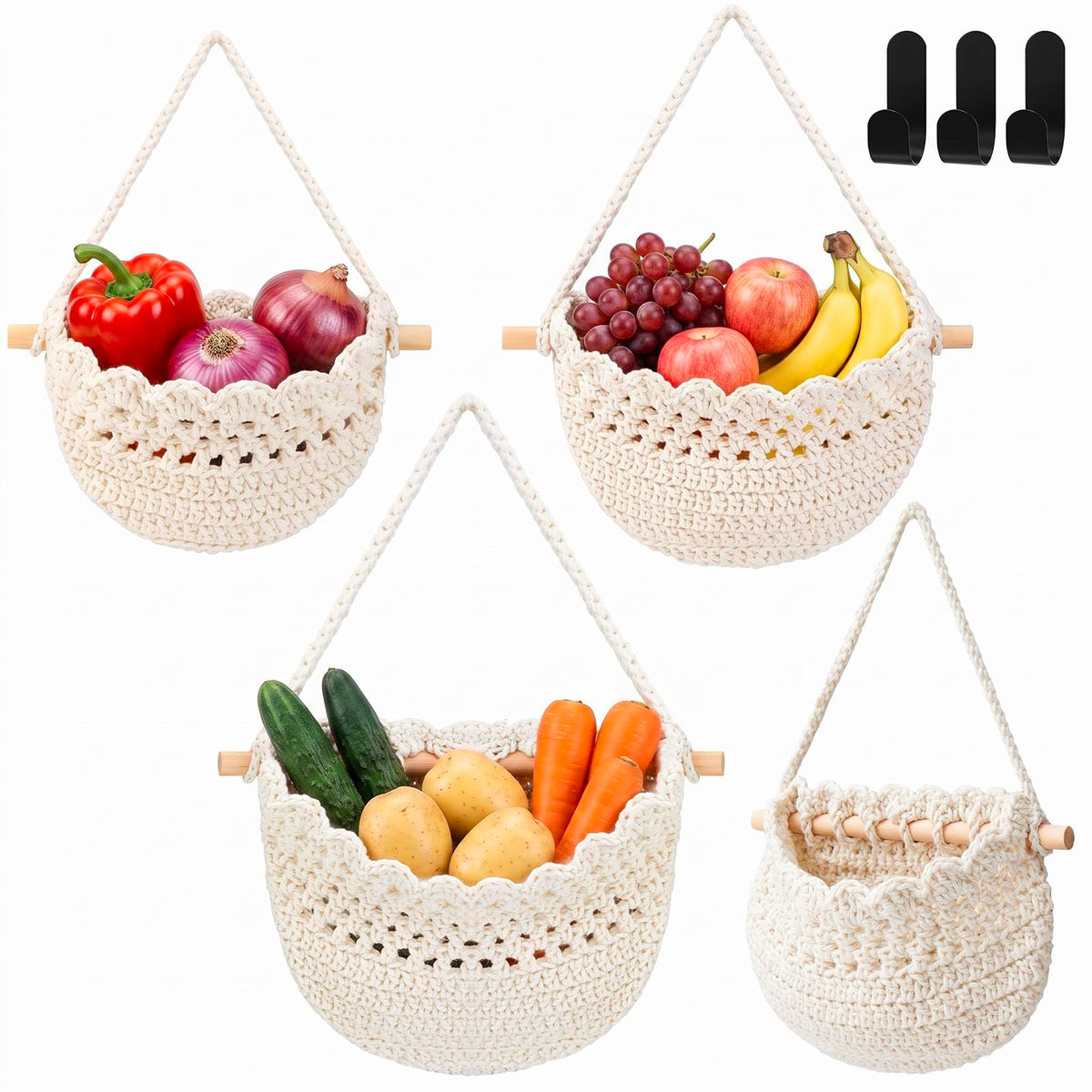 Honeydak 3 Hanging Baskets, Light Brown, Wide Bucket Basket