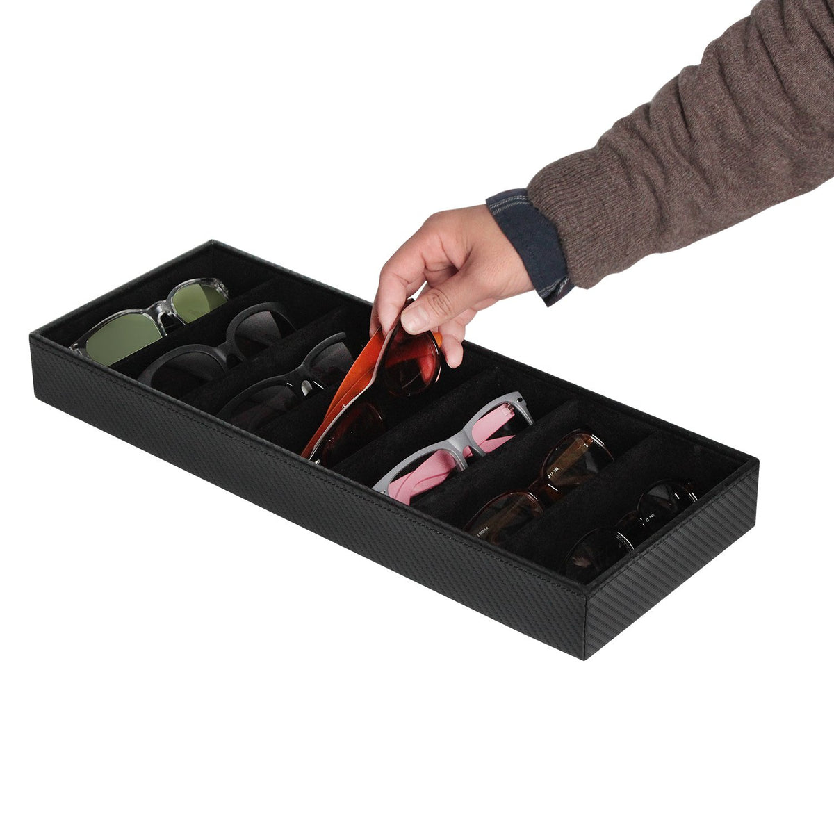 J JACKCUBE DESIGN 7 Slot Sunglasses Organizer, Leather Eyeglass Storage Tray Box for Table, Desk, or Drawer - MK378