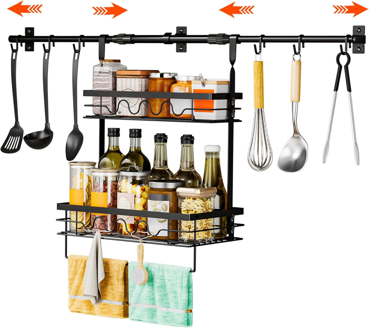 Wall-Mounted Storage Rack, Adjustable Rod Length, Two-Tier with Hooks