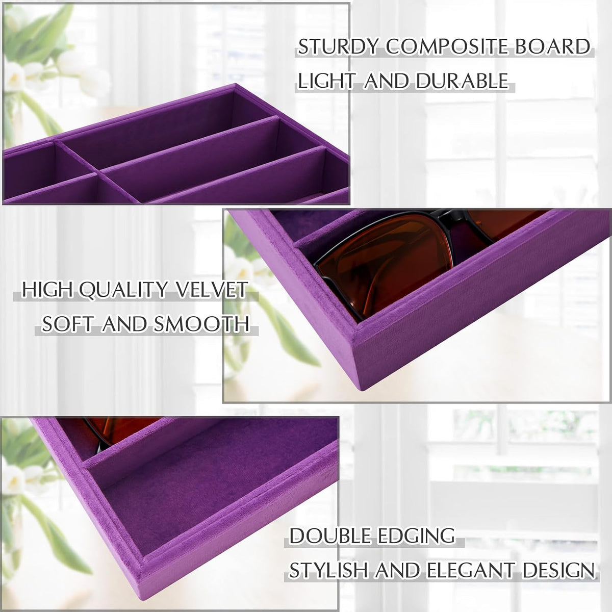 Amylove 2 Pack Sunglasses Organizer Tray Velvet Holder,8 Grids,Purple