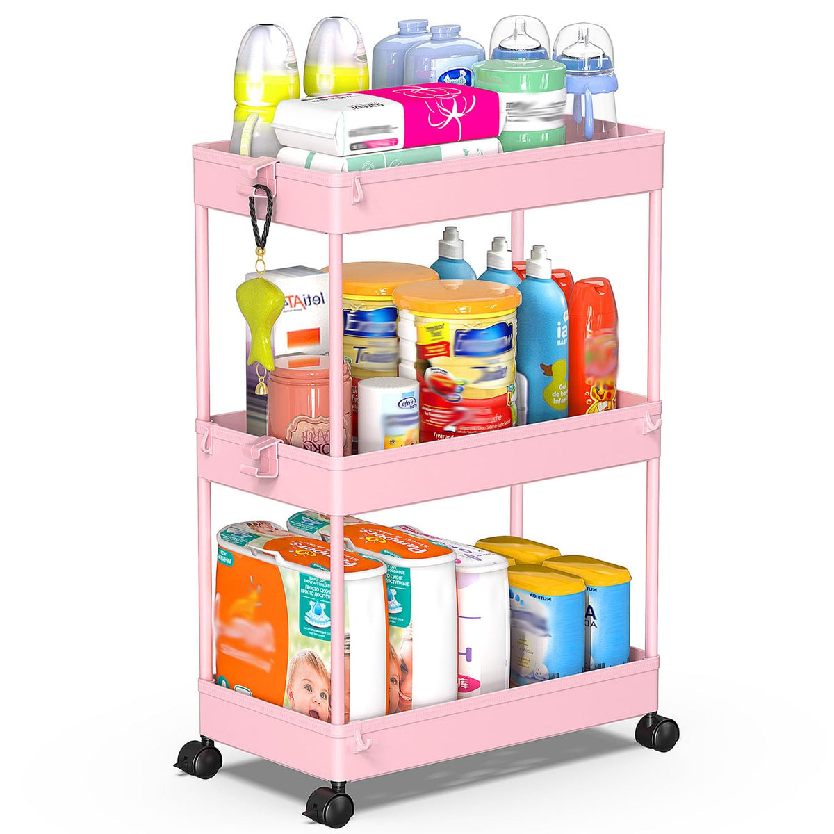 SPACEKEEPER 3 Tier Acrylic Storage Rolling Cart Clear Bathroom Cart Organizer, Transparency Laundry Room Organization Mobile Shelving Unit Multifunction Rolling Utility Cart for Office Living Room