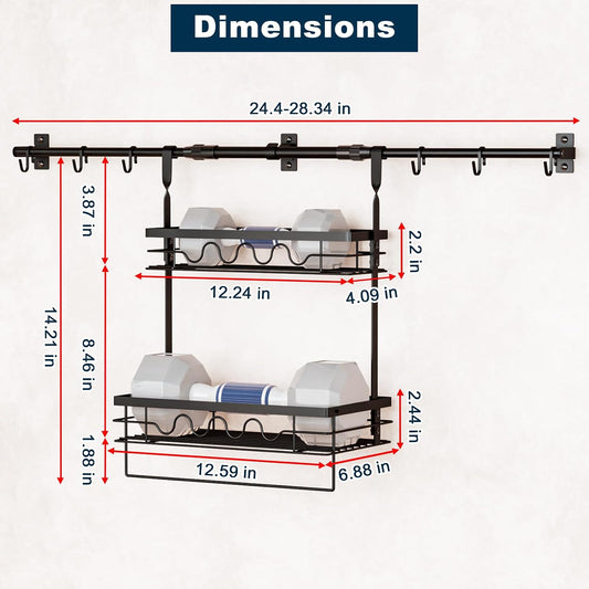 Wall-Mounted Storage Rack, Adjustable Rod Length, Two-Tier with Hooks