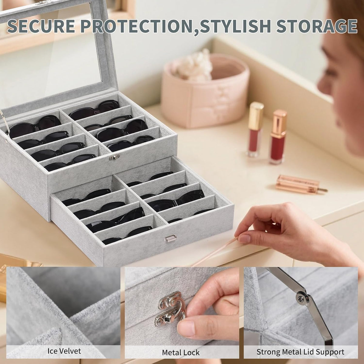 AUTOARK 16-Slot Sunglass & Eyeglasses Organizer Box,Grey,MKAW233