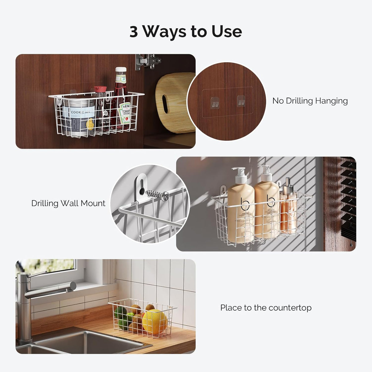 MaraFansie Hanging Kitchen Baskets Wire Storage Basket Adhesive and Screws Basket Over the Cabinet Door Organizer with Adhesive Strips and Screws Accessories, 2 Installations, 2 Pack, White