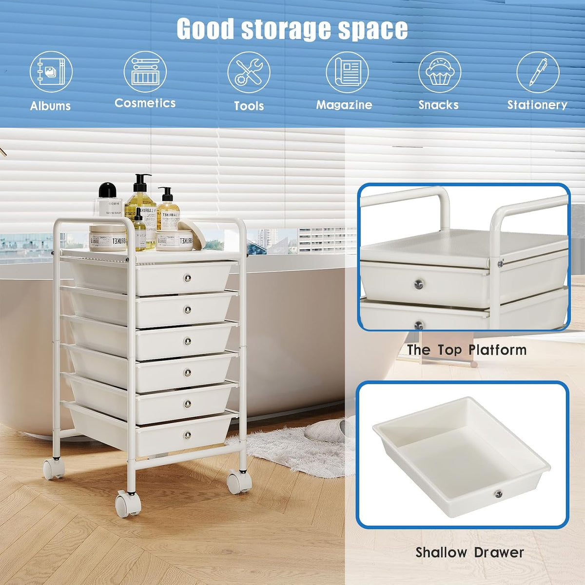 Rolling Storage Cart with Drawers 6-Tier Lock Wheels Office White