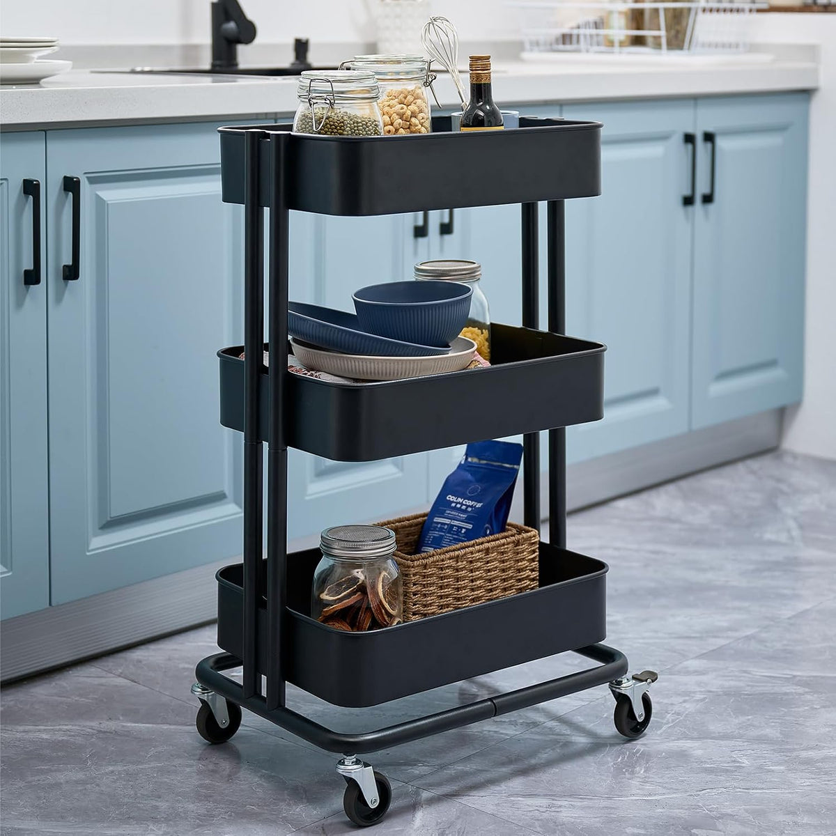 3 Tier Rolling Cart Metal Heavy Duty Utility Cart with Silent Caster Lockable Wheels Multi-Functional Organization Carts Storage Trolley with Mesh Shelves for Office Kitchen Living Room Black