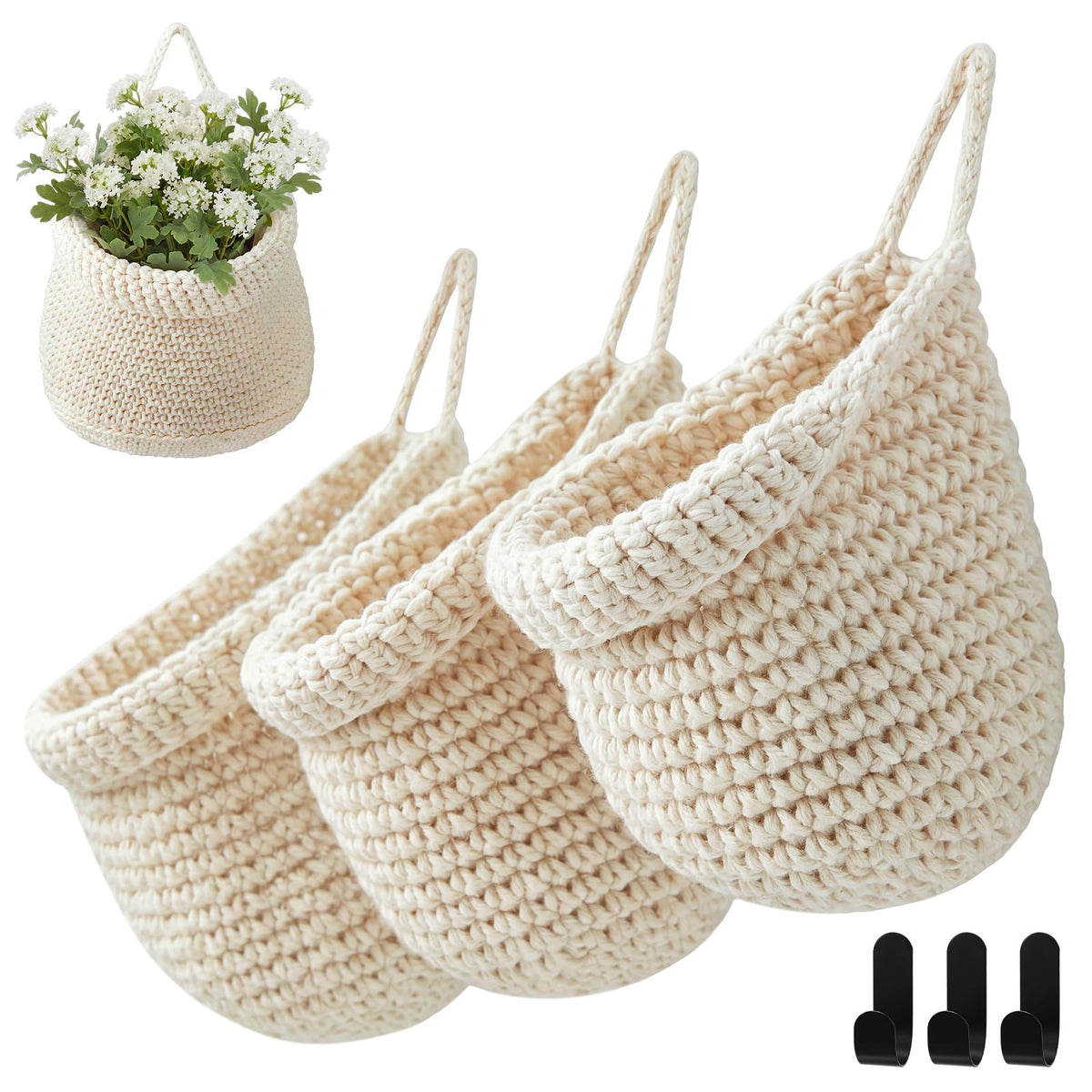 Honeydak 3 Hanging Baskets, Light Brown, Wide Bucket Basket