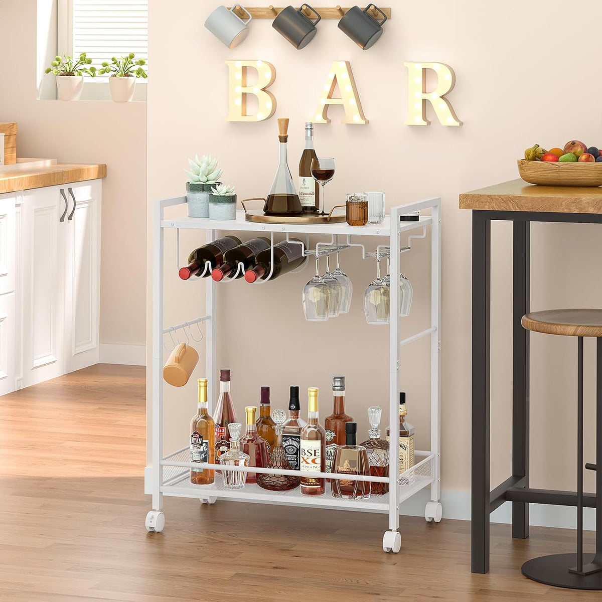 Joaxswe Bar Cart,2-Tier Home Bar Serving Cart with Lockable Wheels,White