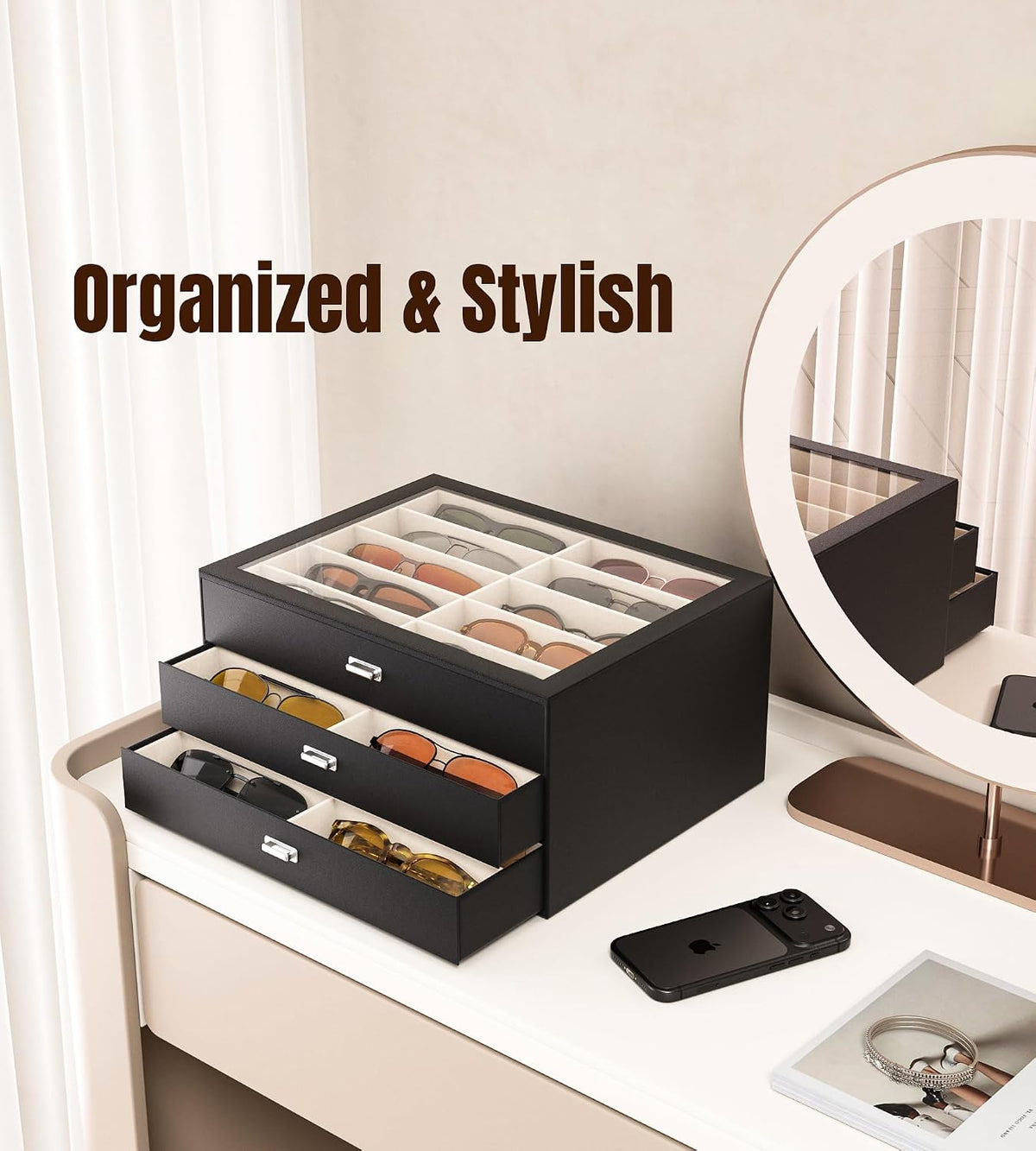 NEWLOOP Sunglass Organizer Display Case - Sunglasses Holder for Men Women Multiple Pair Eye Glasses Storage Organizer 3-Layer Jewelry Watch Eyeglass Collection Box with 30 Slots, Black