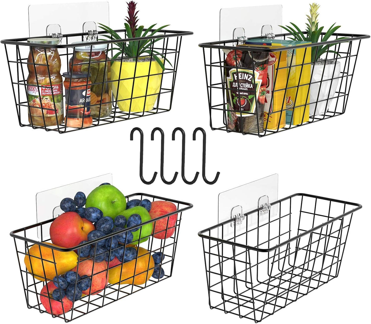 MaraFansie Wall Wire Baskets Bin No Drilling Adhesive Hanging Baskets Wall Mounted for Cabinet & Pantry Organization and Kitchen, Bathroom, Bedroom Storage, 2 Pack, White