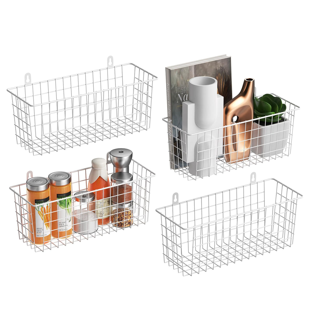 MaraFansie [Extra Large Wire Basket 2-Pack Hanging Wall Organizer Cabinet Storage Basket Wall Mounted Shelves Rustic Farmhouse Decor for Home Kitchen Bathroom, White