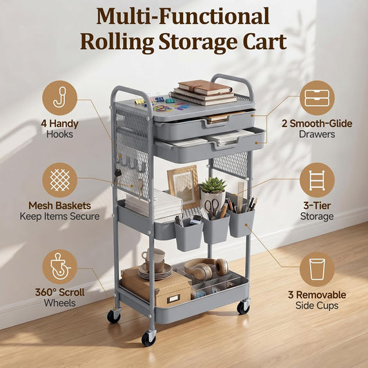 3 Tier Rolling Cart with 2 Drawers, Metal Utility Storage Carts with Wheels