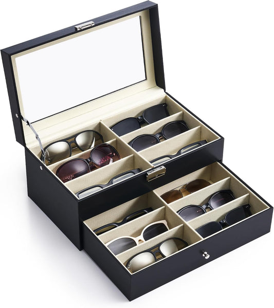 CO-Z Sunglasses Organizer with 12 Slots, Multiple Eyeglasses Eyewear Display Case for Women Men, 2 Story Leather Multi Sunglasses Jewelry Collection Holder with Drawer