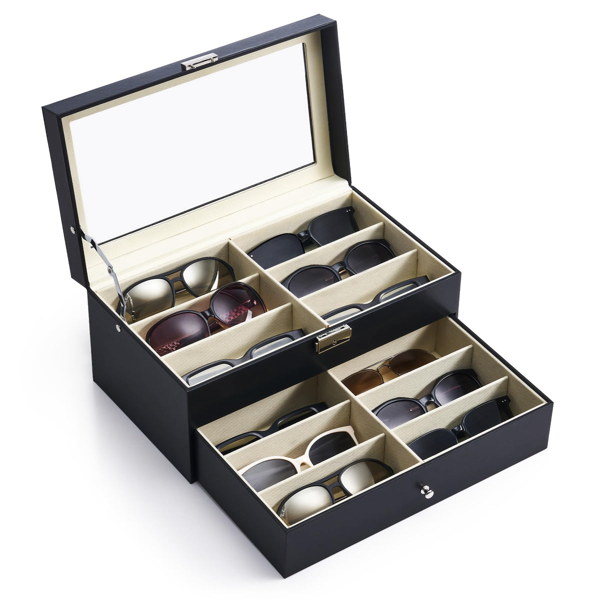 CO-Z Sunglasses Organizer with 12 Slots, Multiple Eyeglasses Eyewear Display Case for Women Men, 2 Story Leather Multi Sunglasses Jewelry Collection Holder with Drawer