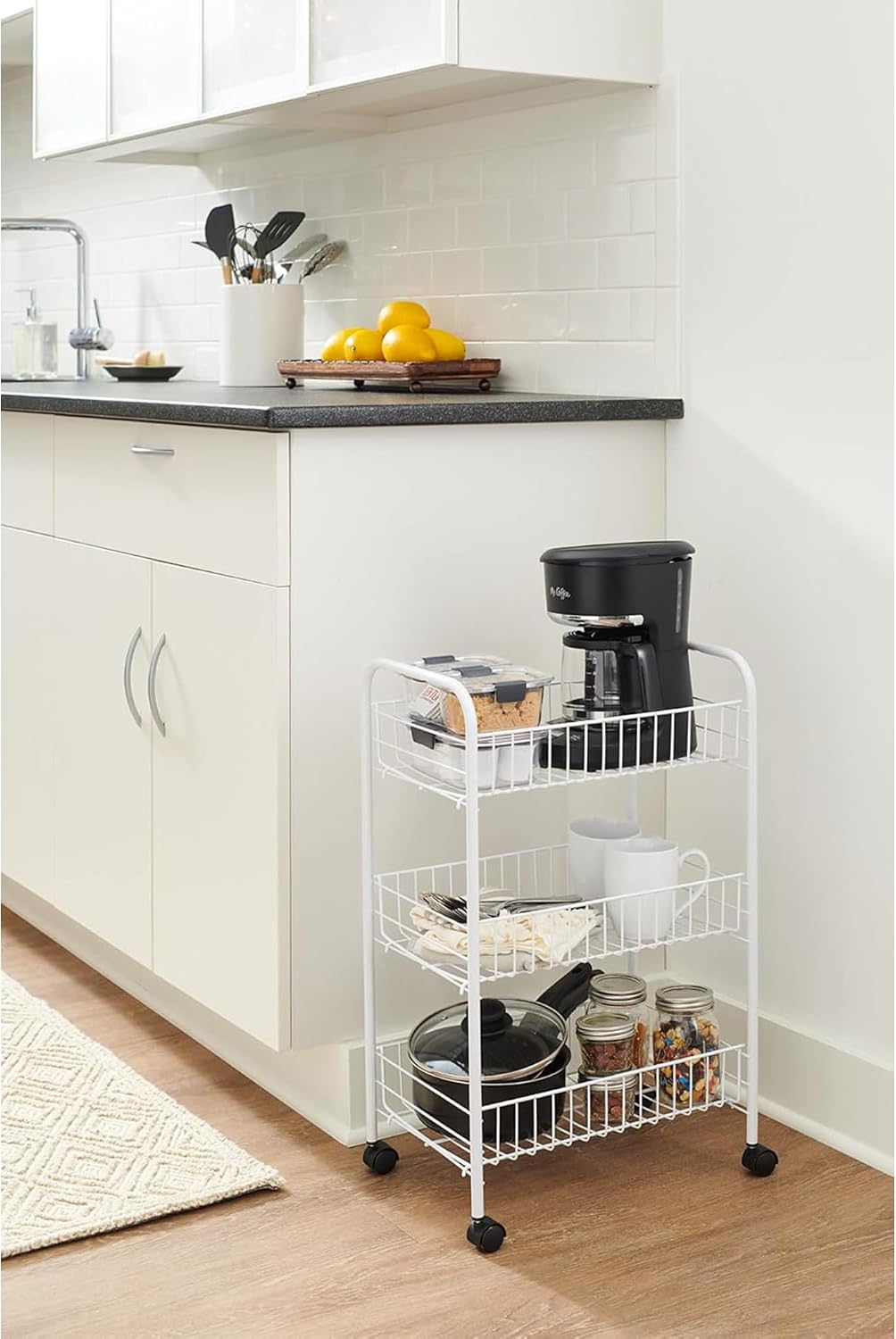 Rubbermaid 3-Tier Wheeled Adjustable Metal Storage Organizer Cart, White