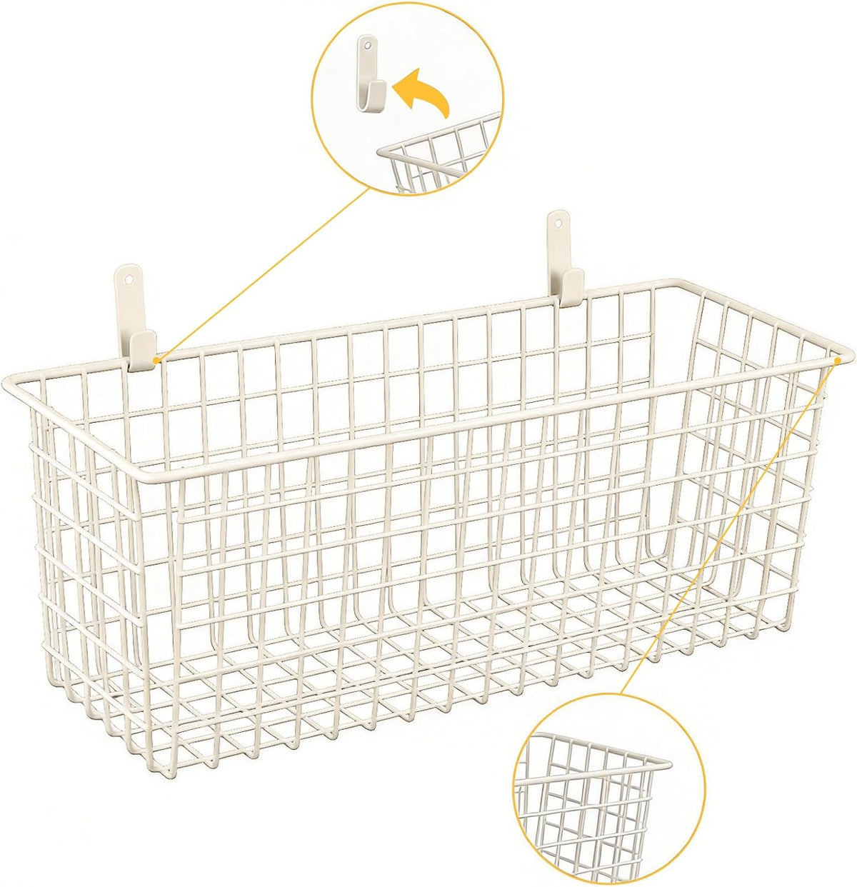 Kinlink 2 Sets White Extra Large Hanging Wall Basket with Steel Hooks