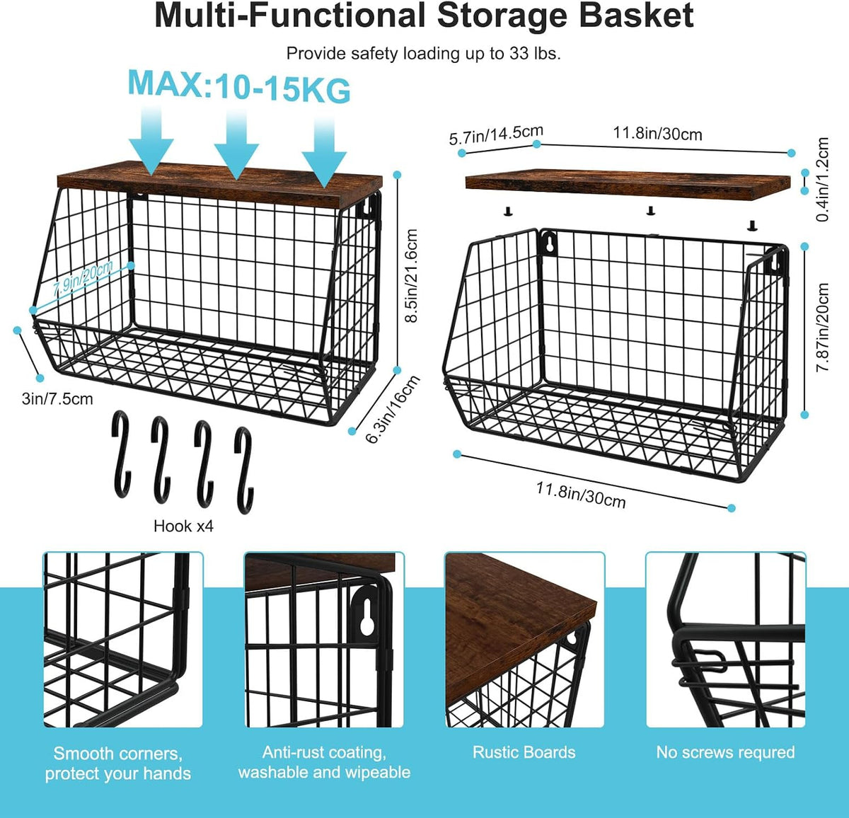 MSJGA Laundry Room Shelves, Wall Mounted Storage Basket, 11.8"Wx7.9"Dx8.5"H