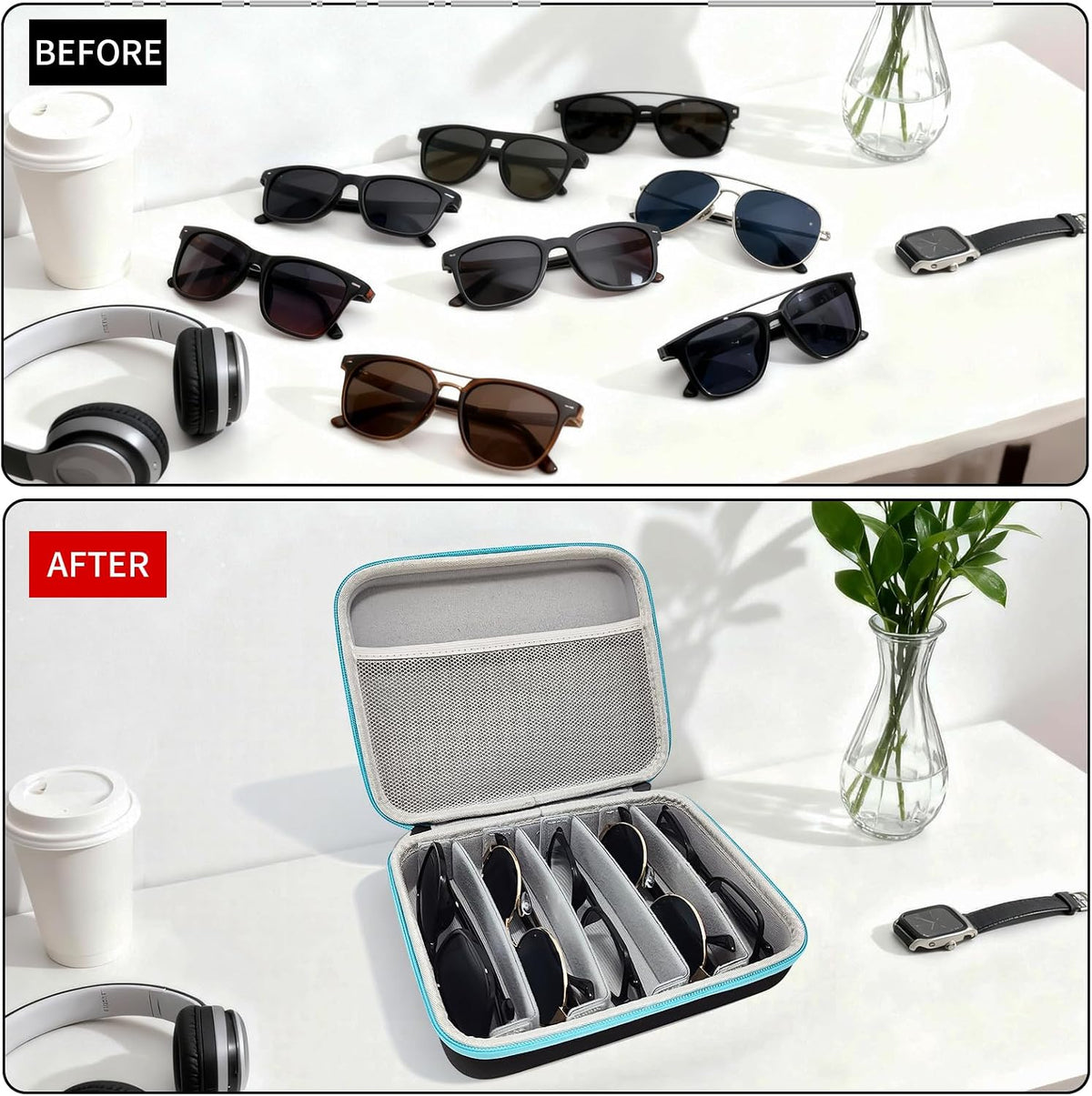 Travel Sunglasses Organizer Case, Adjustable Slot for Multiple Eyeglasses, Hard Shell Eyewear Box for Men Women