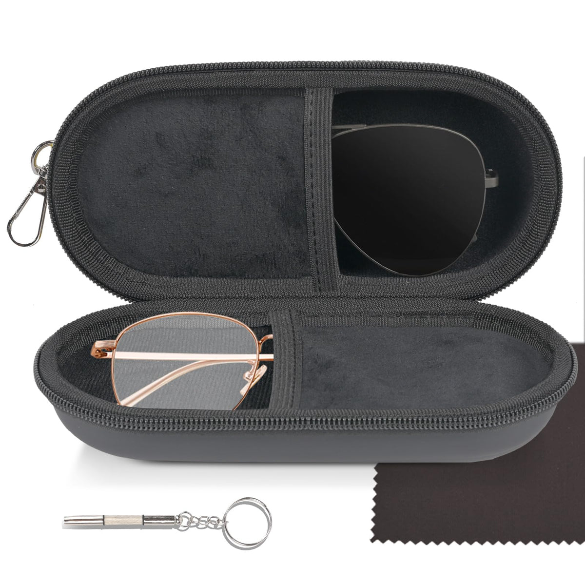 Double Glasses Case,Dual Eyeglasses & Sunglasses Organizer with Clip Zipper Closure for Travel 2 Pairs Storage Box