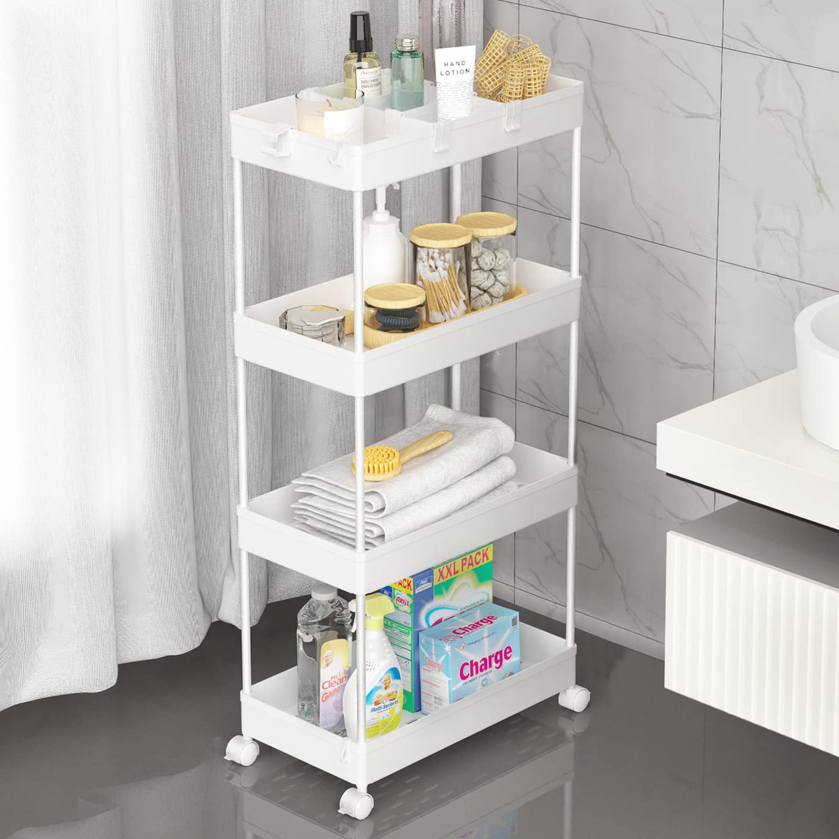 SPACELEAD 3 Tier Rolling Cart with Wheels, Storage Craft Art Trolley Organizer Serving, 3 Hanging Baskets Easy Assembly, for Office, Bathroom，Living Room, Kitchen, White