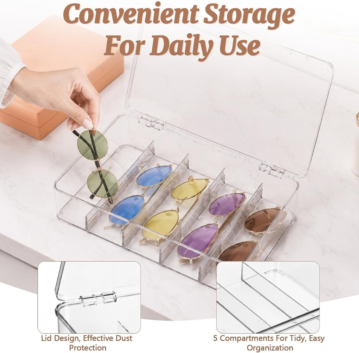 2 Pcs Clear Stackable Plastic Sunglasses Organizer Case 5 Compartments