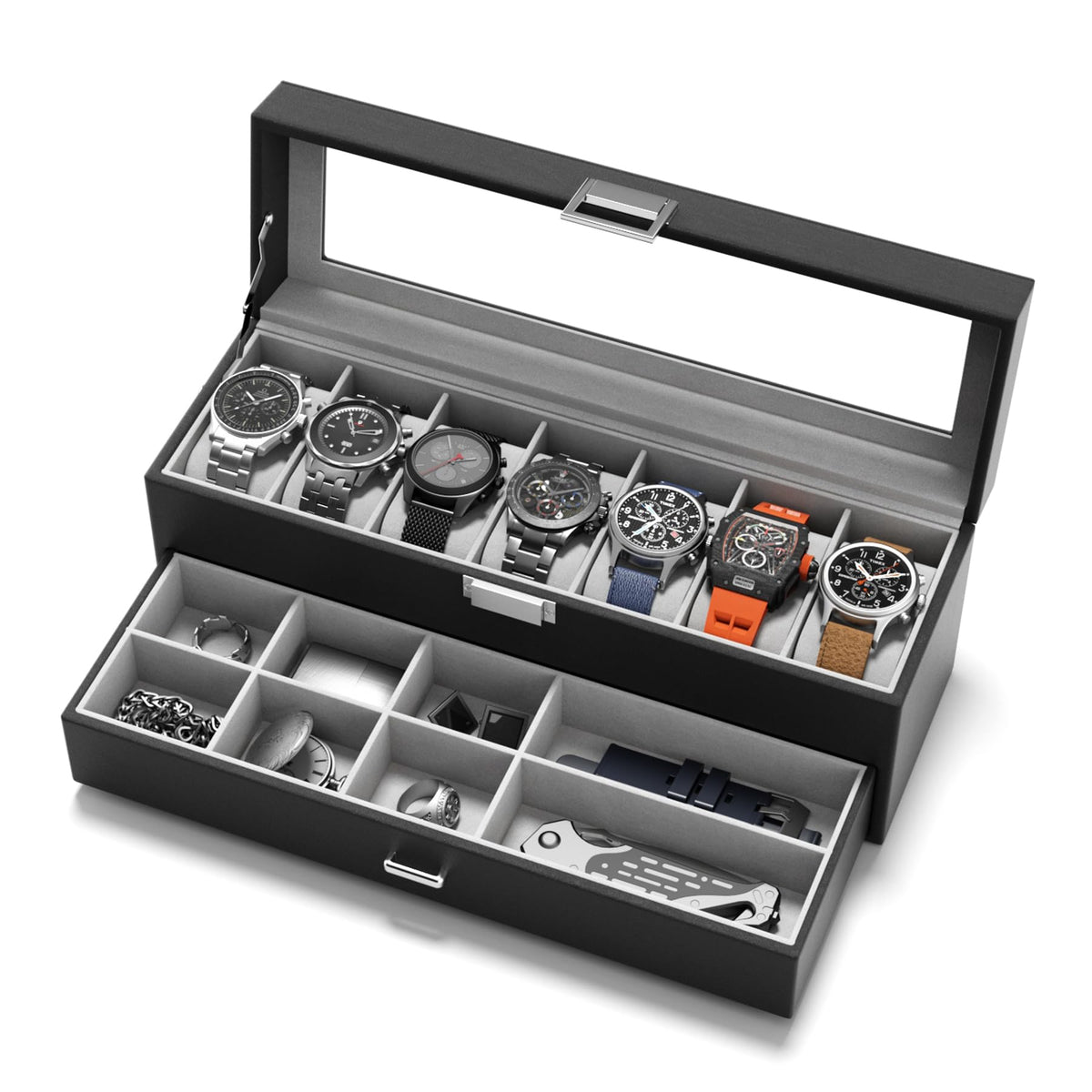 Watch Case Box for Men – 14 Slots Watch Display Organizer with 6-Compartment Eyeglasses Storage, Real Glass Lid 2-Layer PU Leather Collection Holder Gift for Loved Ones Brown
