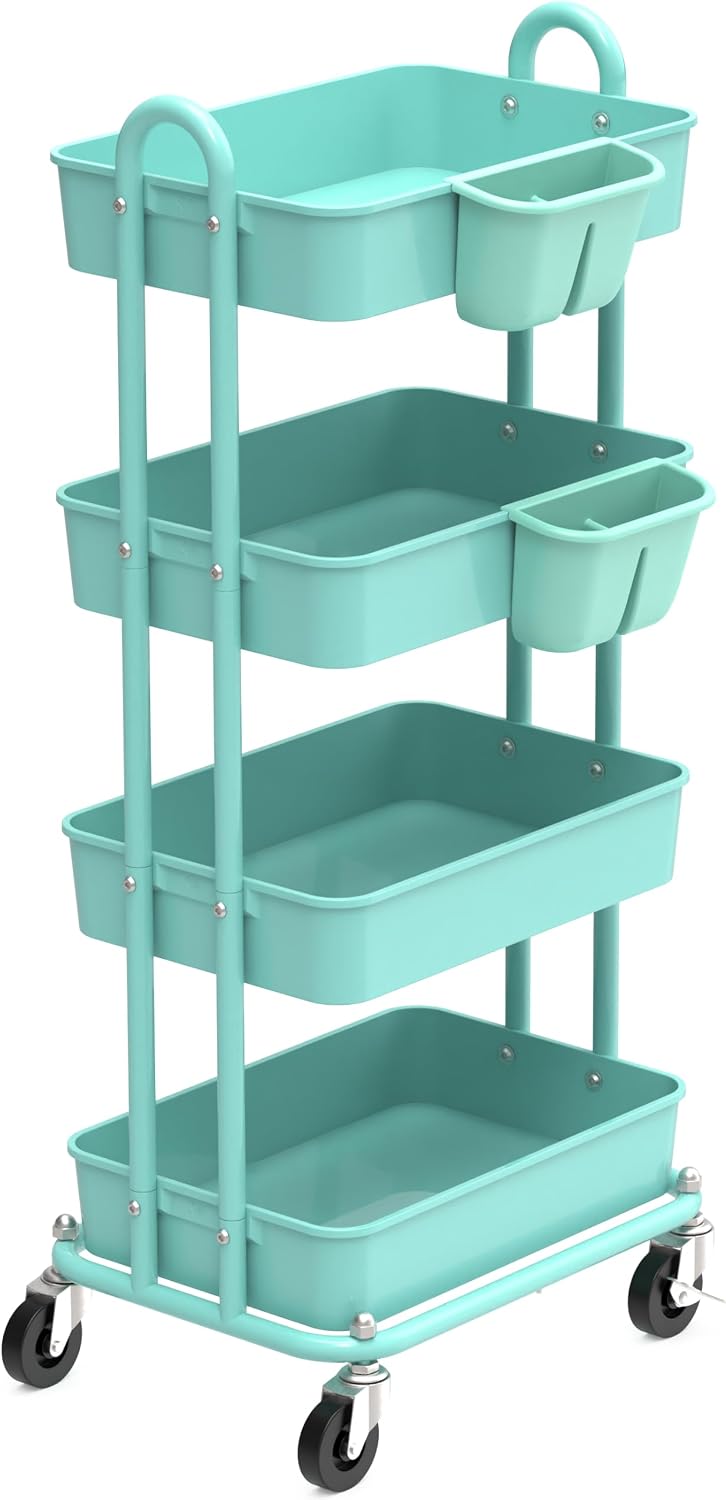 Simple Houseware 4-Tier Rolling Utility Cart with Hanging Bucket, Turquoise