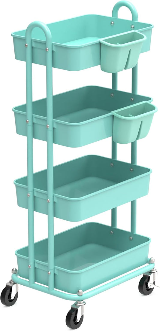 Simple Houseware 4-Tier Rolling Utility Cart with Hanging Bucket, Turquoise