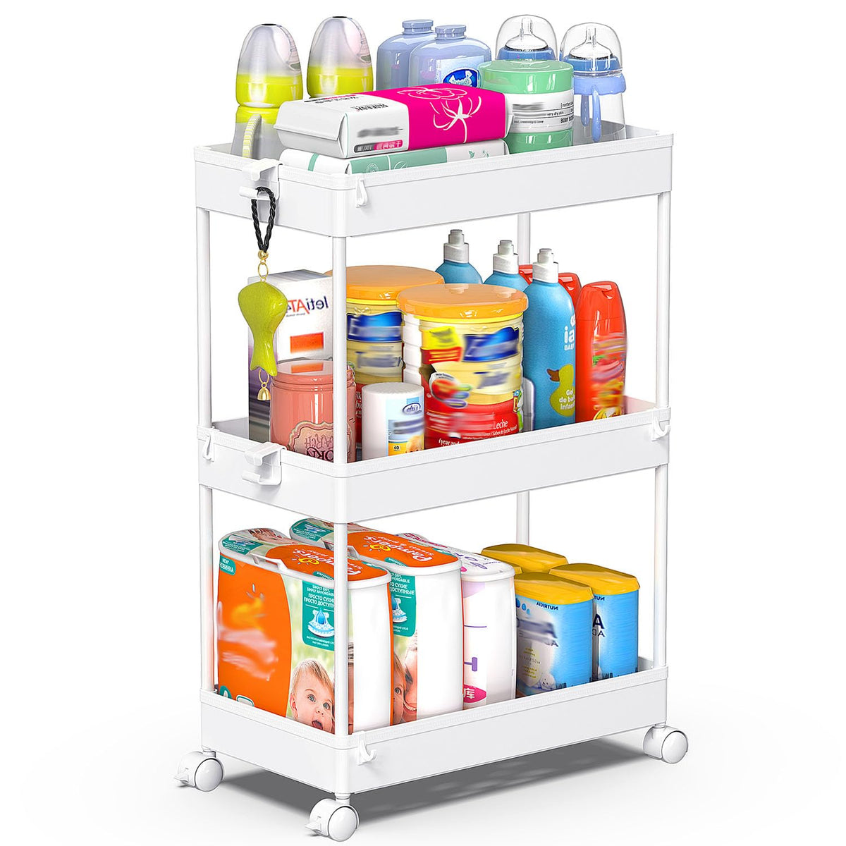 SPACEKEEPER 3 Tier Acrylic Storage Rolling Cart Clear Bathroom Cart Organizer, Transparency Laundry Room Organization Mobile Shelving Unit Multifunction Rolling Utility Cart for Office Living Room