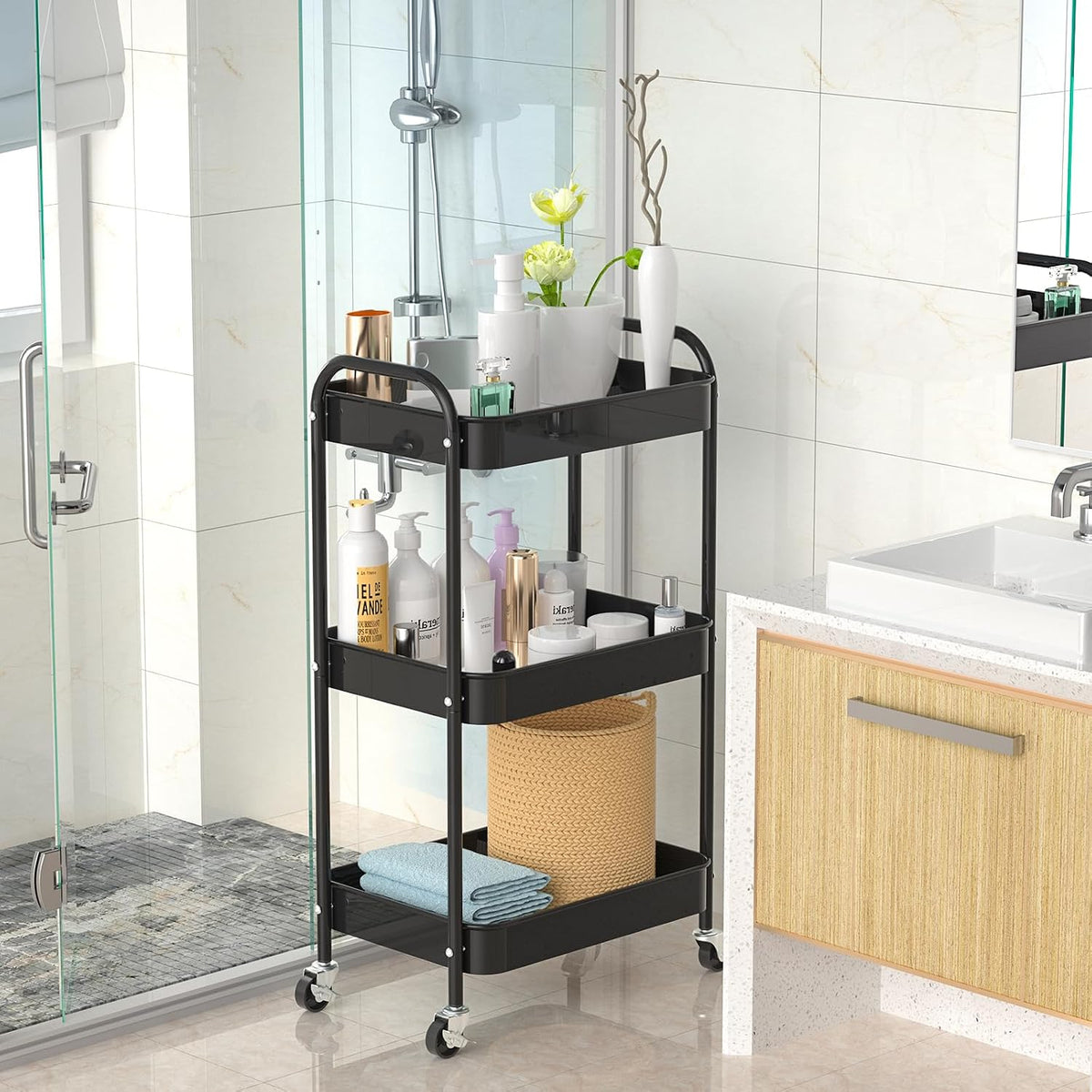 3-Tier Rolling Cart, Metal Utility Storage Carts with Wheels, Black