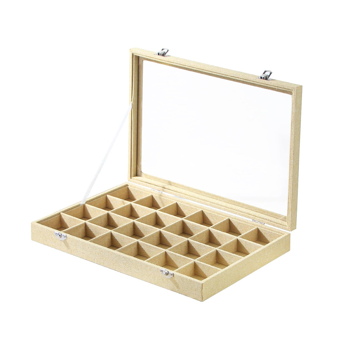 Coward Sunglass Organizer Tray Box, Beige Velvet Grids Eyeglasses Display Tray Case with Transparent Glass Lid for Home Use or Store Shop Selling Show