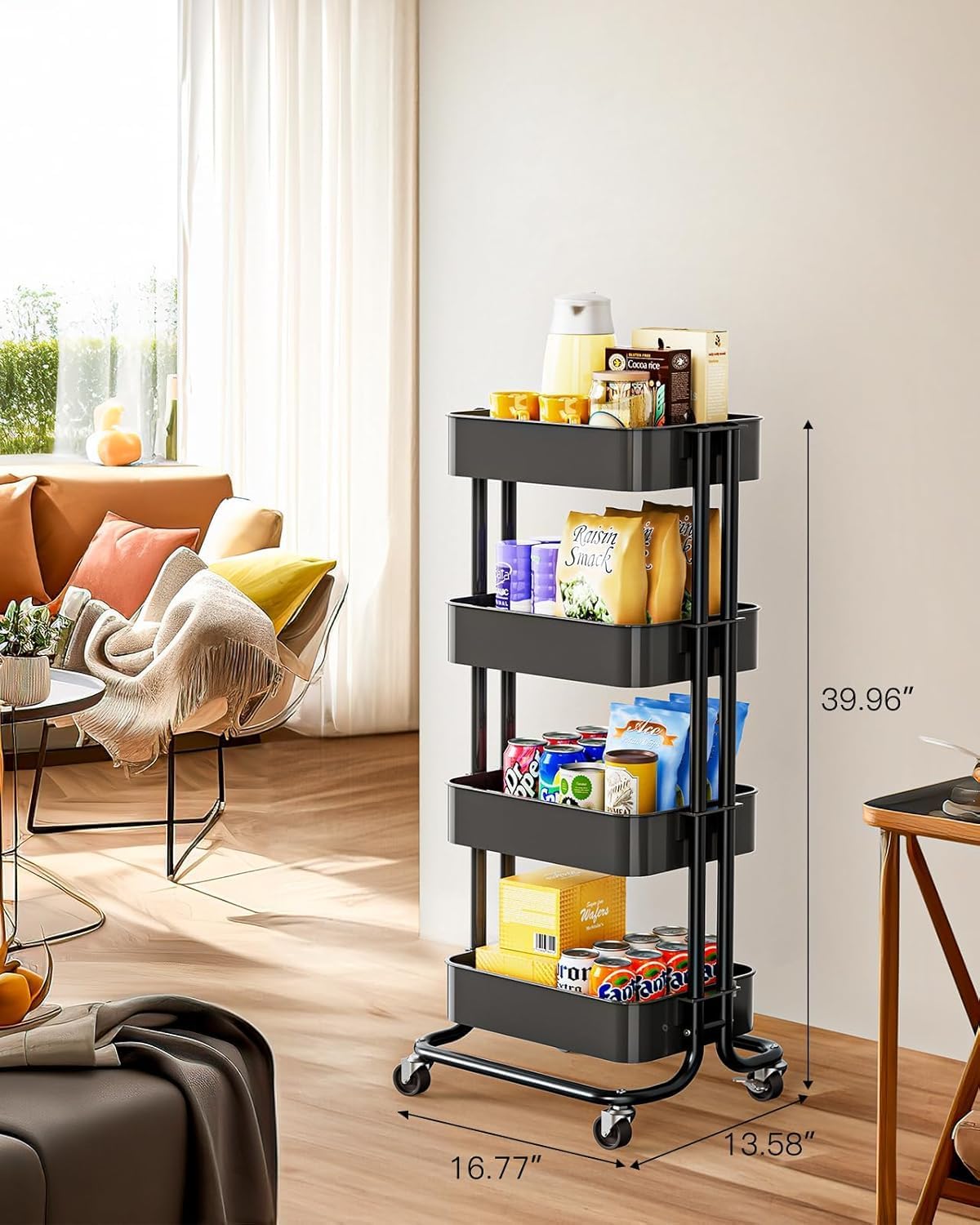 Pipishell 4 Tier Metal Rolling Utility Cart with 2 Lockable Wheels, Black