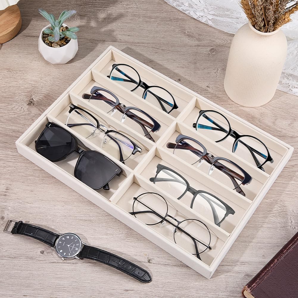 CREATCABIN Velvet Sunglasses Organizer Tray 8 Grids Drawer Glasses Display Storage Case Trays Stackable Sunglass Organizer Holder Box for Women Men Eyeglasses Jewelry Watch Beige 14 x 9.5 x 1.2in