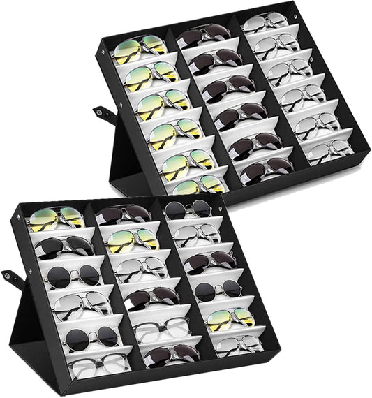 18 Slot Sunglasses Organizer Storage Multiple Eyeglasses Holder Display Case/Tray, Polyester Silk Lined & Snap Closure