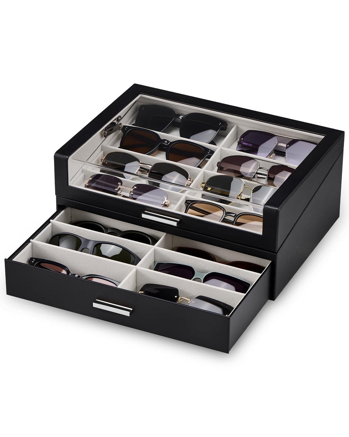 ProCase 12 Slots Sunglasses Box with L-Shaped Clear Lid -Black