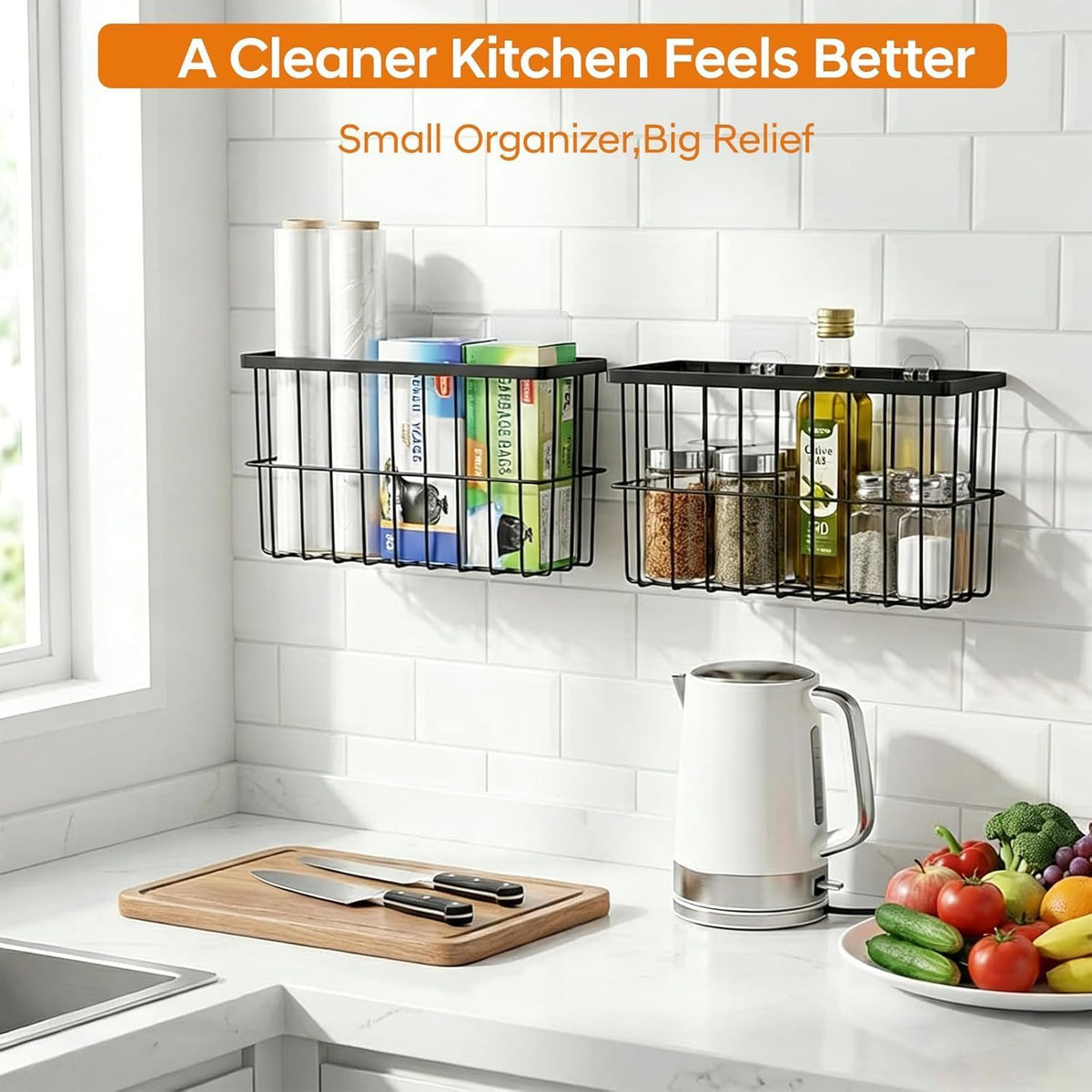 2Pack Cabinet Door Organizer, Self-Adhesive Lid Storage Box for Cabinet Storage, Wall-Mounted Storage Basket Rack, Suitable for Kitchen, Refrigerator,Bathrooms, Pantry, Office，Makeup Container,rv must