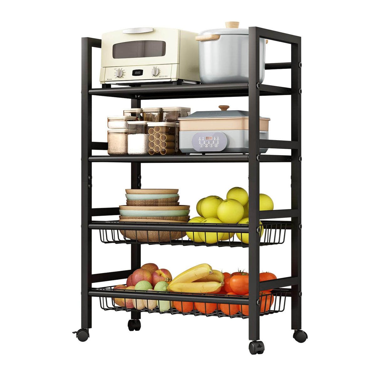 4-Tier Rolling Metal Storage Cart Mobile Organizer with Removable Grid Basket and Locking Wheels, Suitable for Multiple Uses, Black (Large)