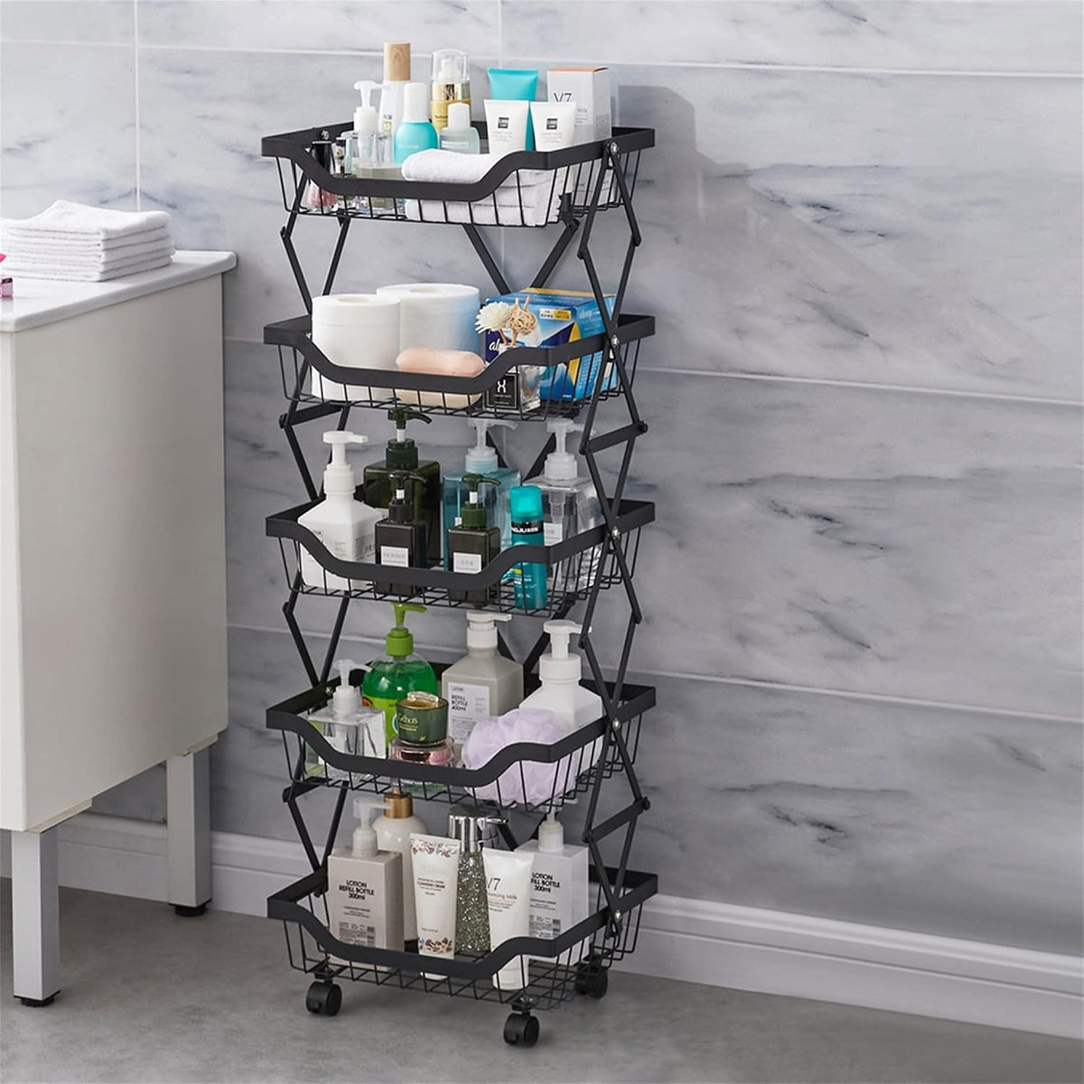 5-Tier Rolling Pantry Floor Organizer with Wheels, Foldable Fruit Vegetable Storage Cart, Metal Wire Pantry Basket, Kitchen Fruit Basket Stand, Vegetable Storage Rack for Fruits Snack Onion Potato