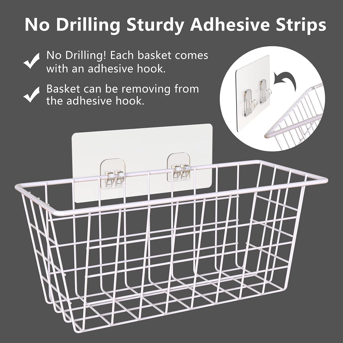 MaraFansie Wall Wire Baskets Bin No Drilling Adhesive Hanging Baskets Wall Mounted for Cabinet & Pantry Organization and Kitchen, Bathroom, Bedroom Storage, 2 Pack, White